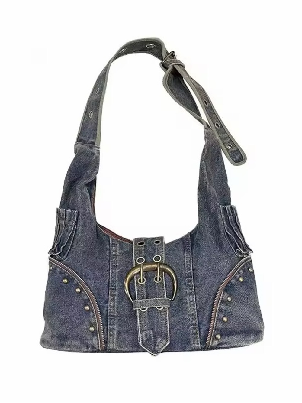 Denim Studded Hobo Shoulder Bag - Dark blue